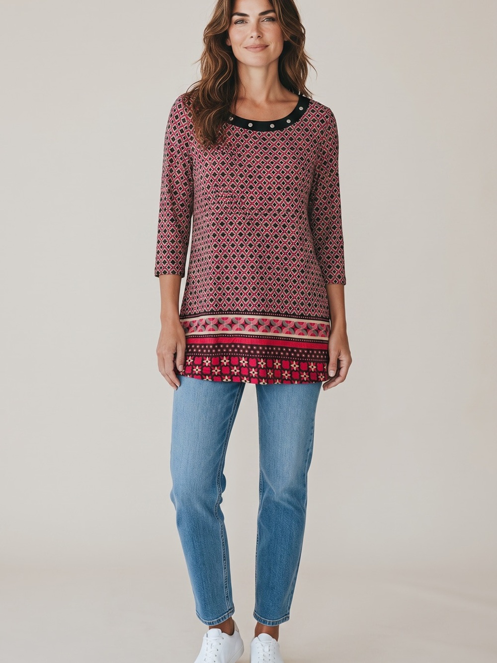 Dana Buchman Pink Geometric Border-Print Tunic with Contrast Neck